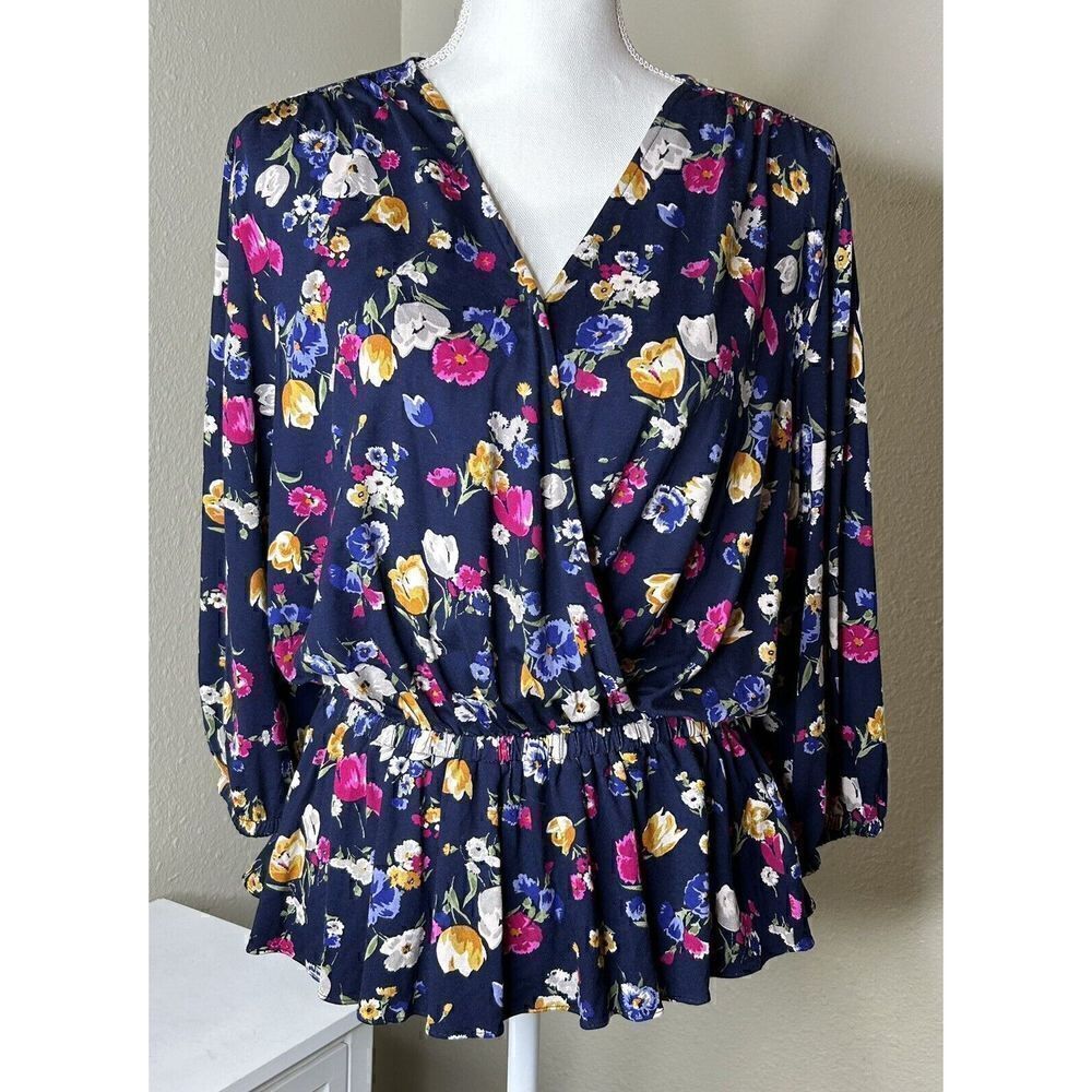 Lauren Ralph Lauren Black Label Shianeta Floral Print V Neck Blouse Top Sz L NWT